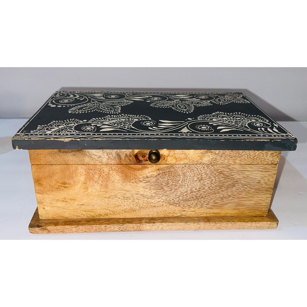 Boho Floral Wood Jewelry Box Grey White Mehndi Design Made in India 9.5x6.5x4⁠